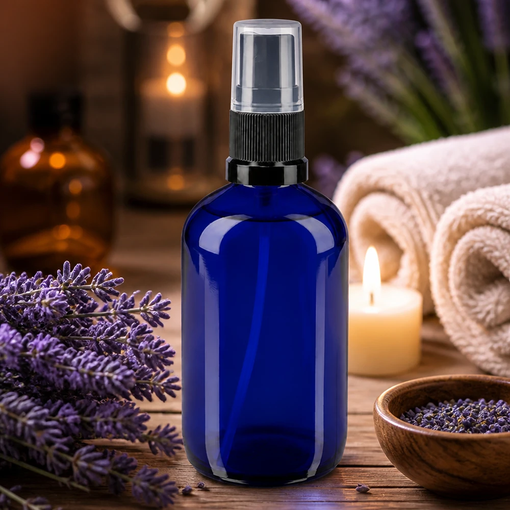 Frasco pulverizador azul de farmacia de 100 ml con lavanda y velas en un ambiente de spa