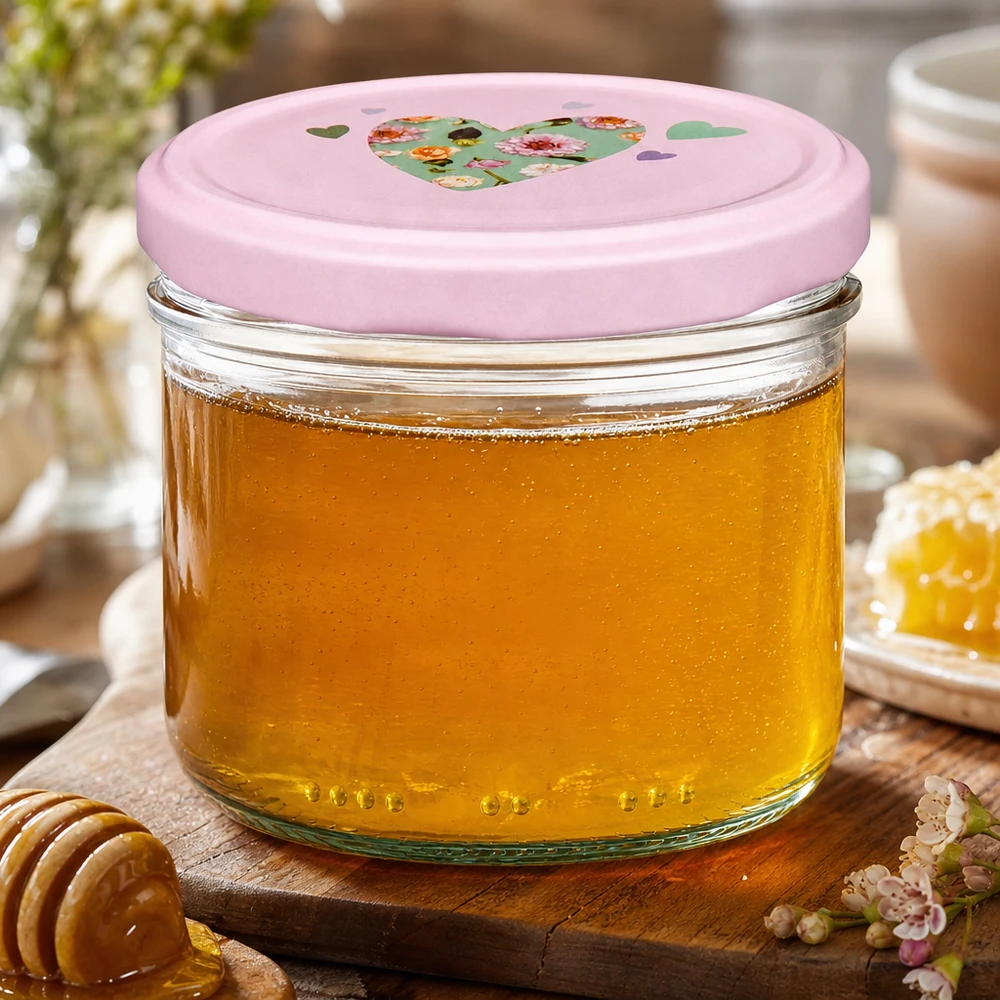 tarro cilíndrico de 230 ml con tapa rosa en forma de corazón lleno de miel amarilla dorada, tarro de miel sobre tabla de madera con cuchara para miel