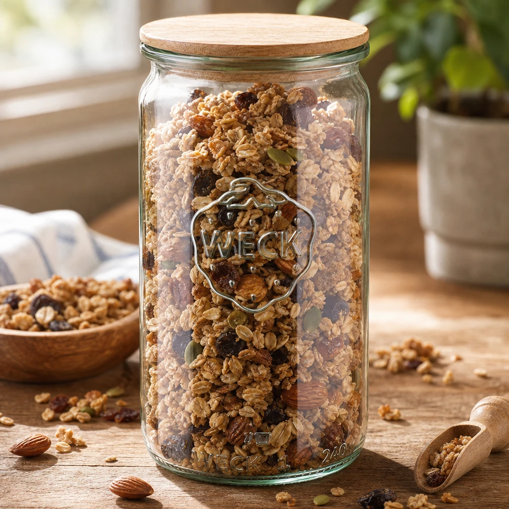 Tarro cilíndrico de 340 ml WECK RR60 con tapa de madera WECK tarro cilíndrico 340ml RR60 lleno de muesli y frutos secos como tarro de almacenaje con tapa de madera en la encimera de la cocina
