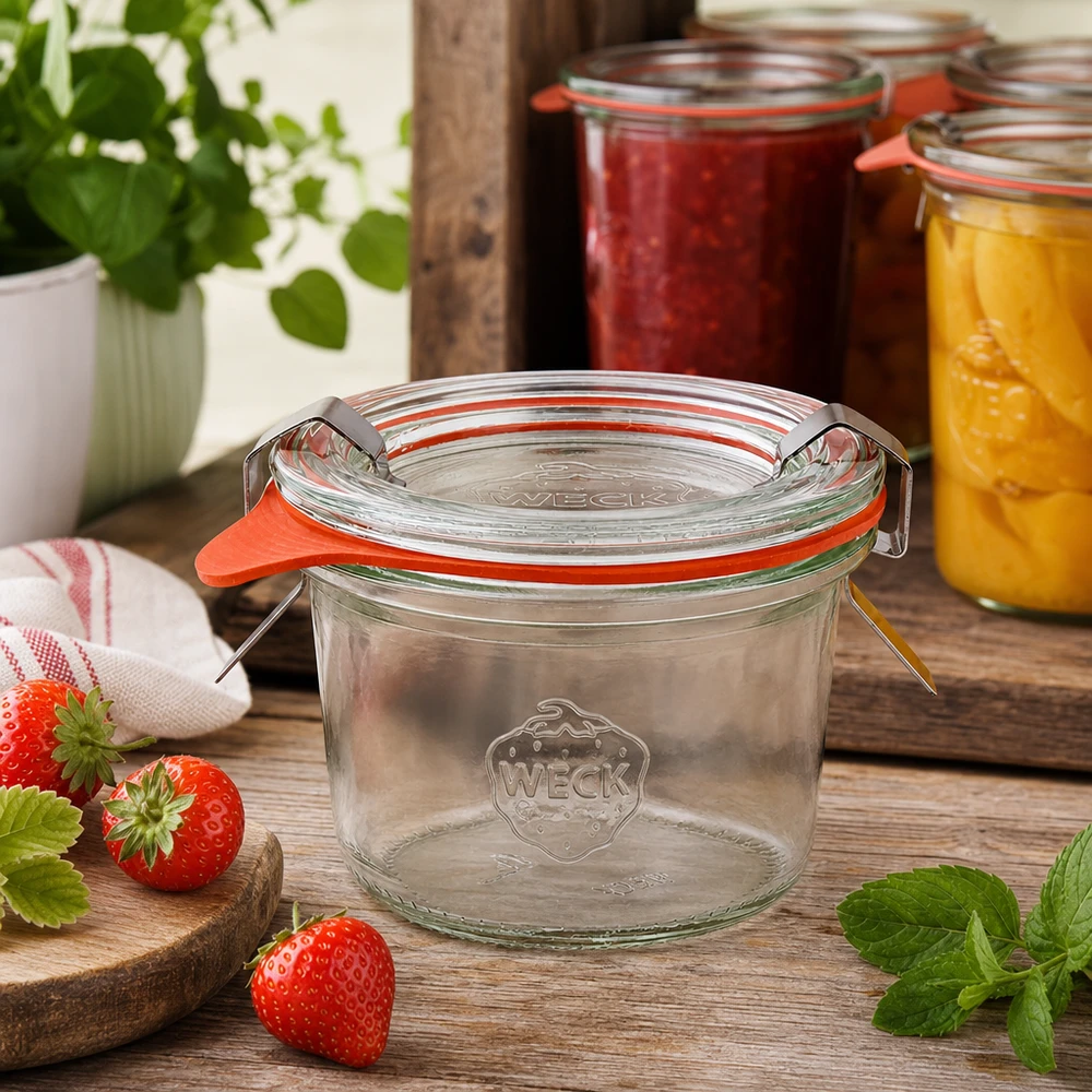 Vasos de 80 ml completos WECK RR60 Vasos WECK 80ml RR60 en una cocina rústica con fresas y tarros de conserva con mermelada al fondo