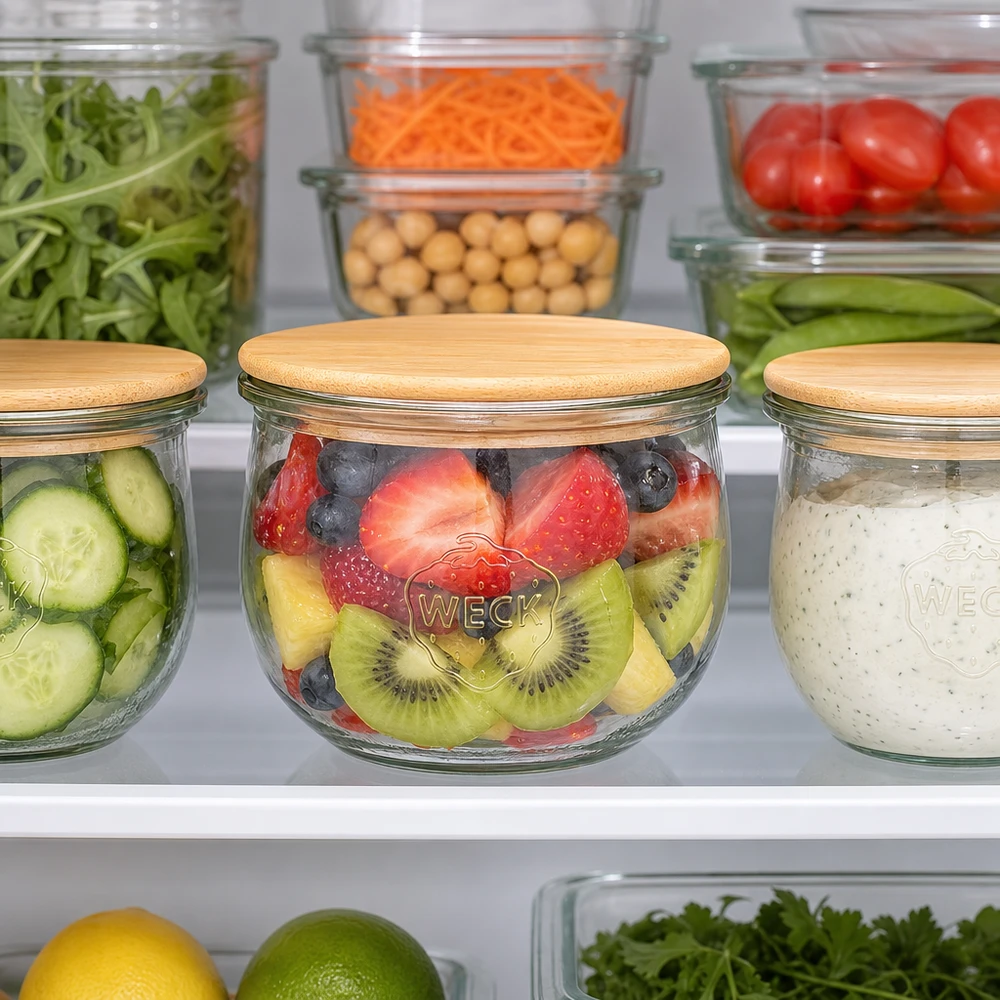 Tarro tulipán 580ml WECK RR100 con tapa de madera WECK Tulpenglas 580ml RR100 mit Holzdeckel im Kühlschrank - perfekt für frische Früchte und gesunde Meal-Prep