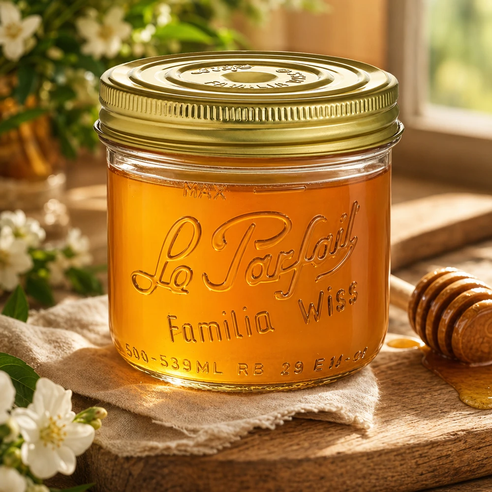 539ml Familia Wiss vasos con tapa de oro lleno de miel en una mesa de madera con cuchara de miel y flores
