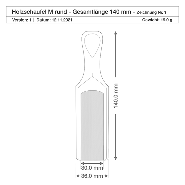 Pala de madera tamaño M forma semicircular - 140mm de largo Dibujo técnico de la pala de madera M de dimensiones 140 mm de longitud y 36 mm de anchura, incluida la especificación del peso