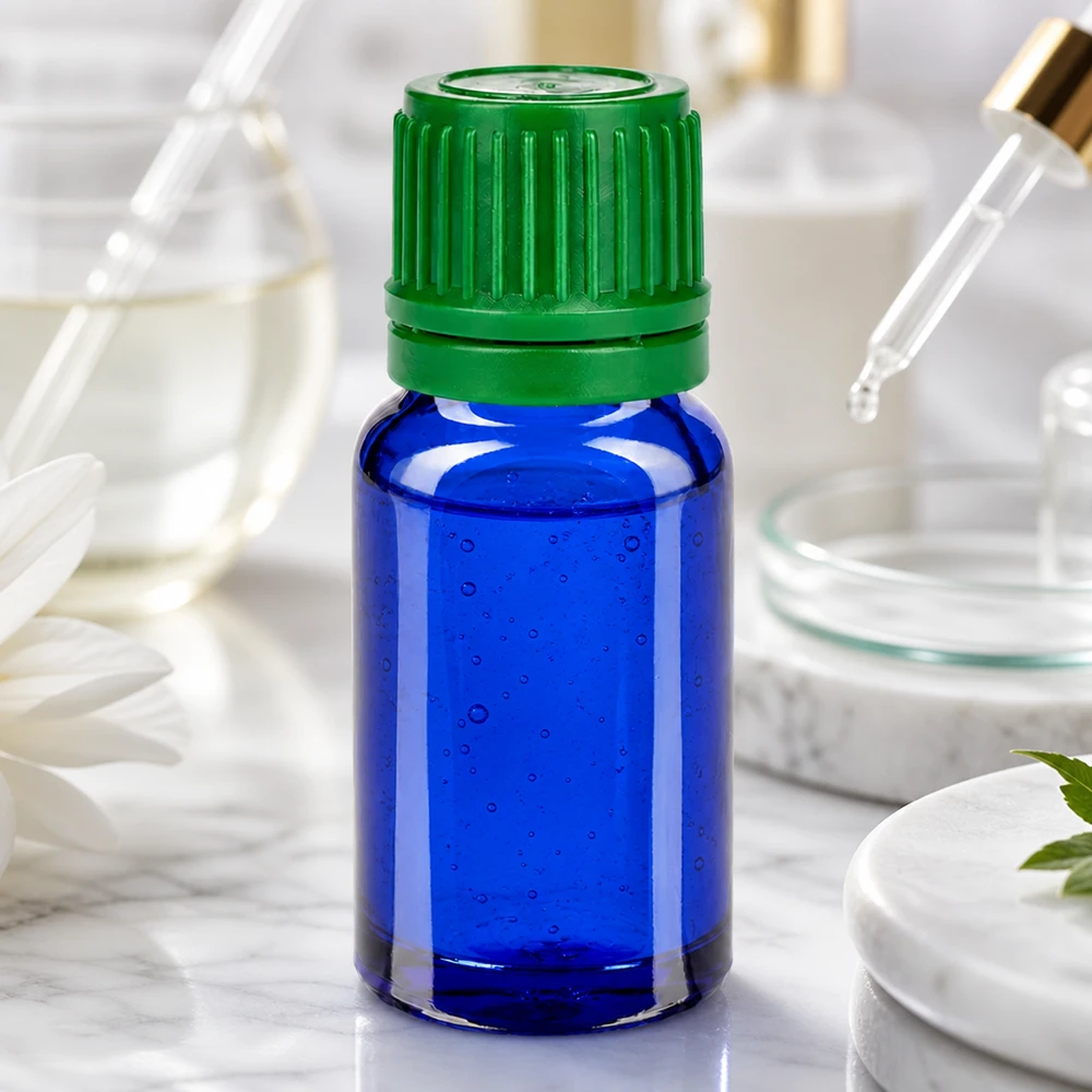 Frasco de vidrio con protección UV de 10 ml en azul cobalto con tapón verde estriado para sustancias fotosensibles