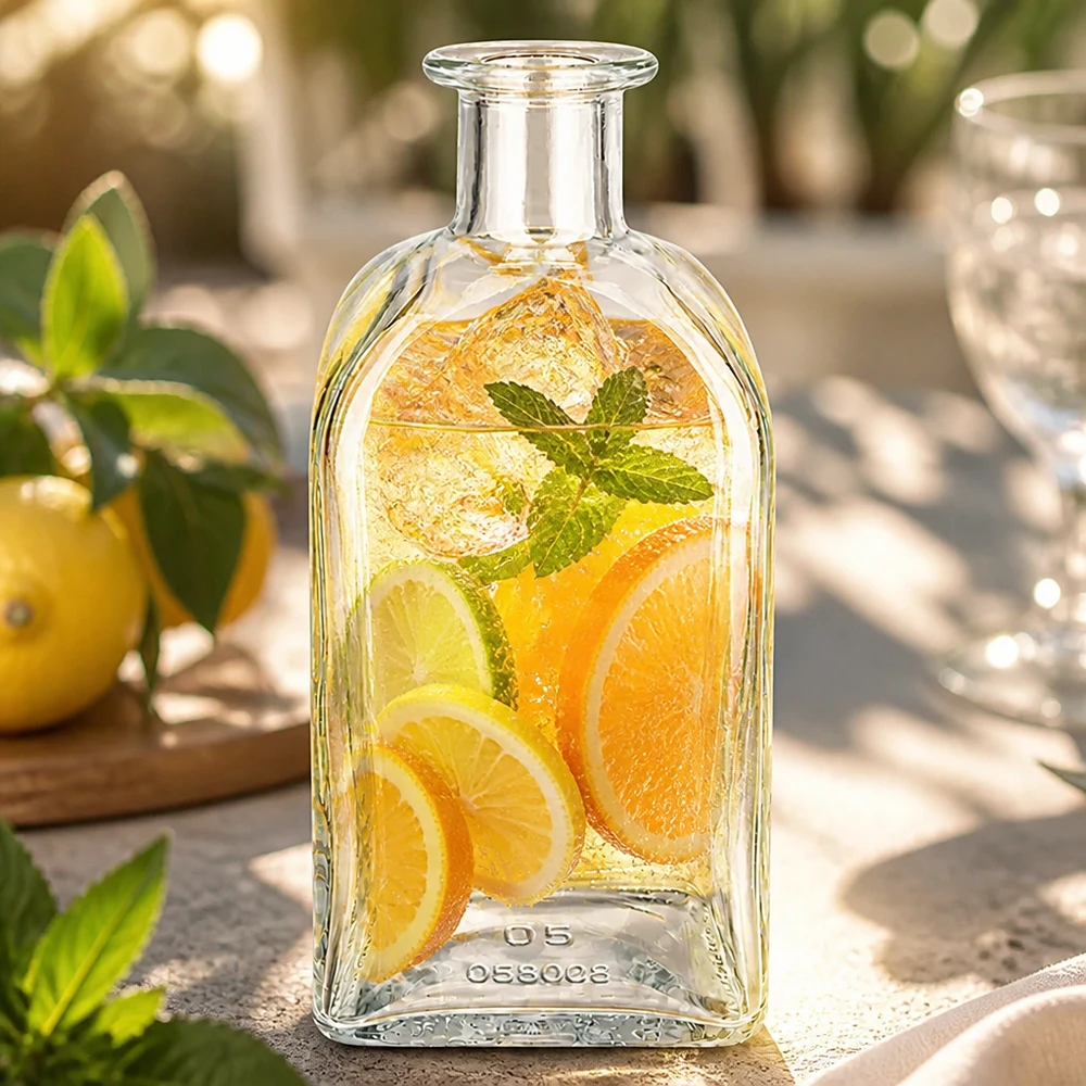 Botella de farmacia «Julia» de 500 ml sin tapón UNiTWIST® Botella de cristal Julia de 500 ml llena de infusión de cítricos y menta en un jardín soleado como bebida refrescante