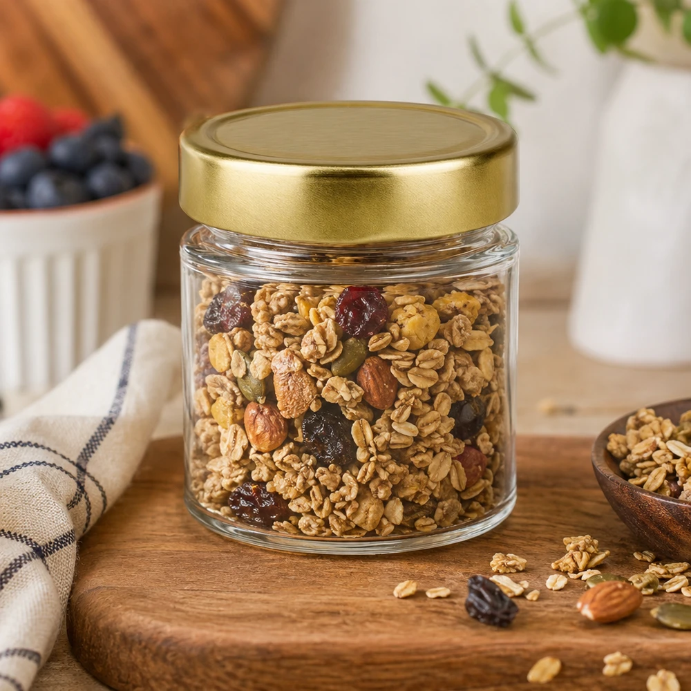 Tarro redondo de 154 ml con tapa BasicSeal dorada profunda UNiTWIST Tarro redondo de 154ml BasicSeal oro relleno de mezcla de frutos secos nueces almendras sultanas muesli granola mesa de madera cocina