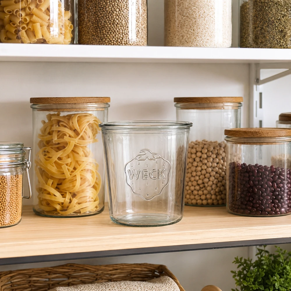 Vasos de 580ml WECK RR100 WECK 580ml RR100 tarro de almacenaje en cocina con tarros de almacenaje para pasta, legumbres y cereales en estante de madera