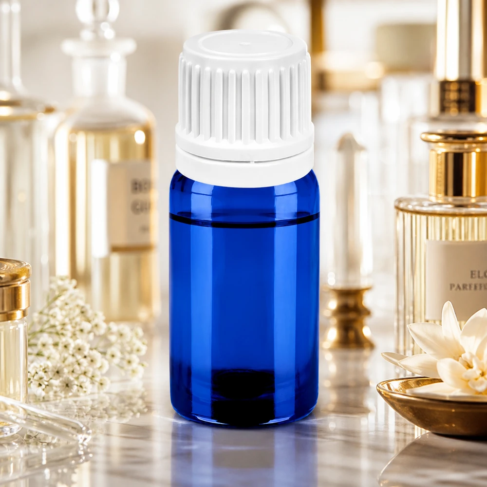 Frasco de vidrio de 5 ml de alta calidad en azul con tapón de rosca blanco para cosméticos y productos farmacéuticos