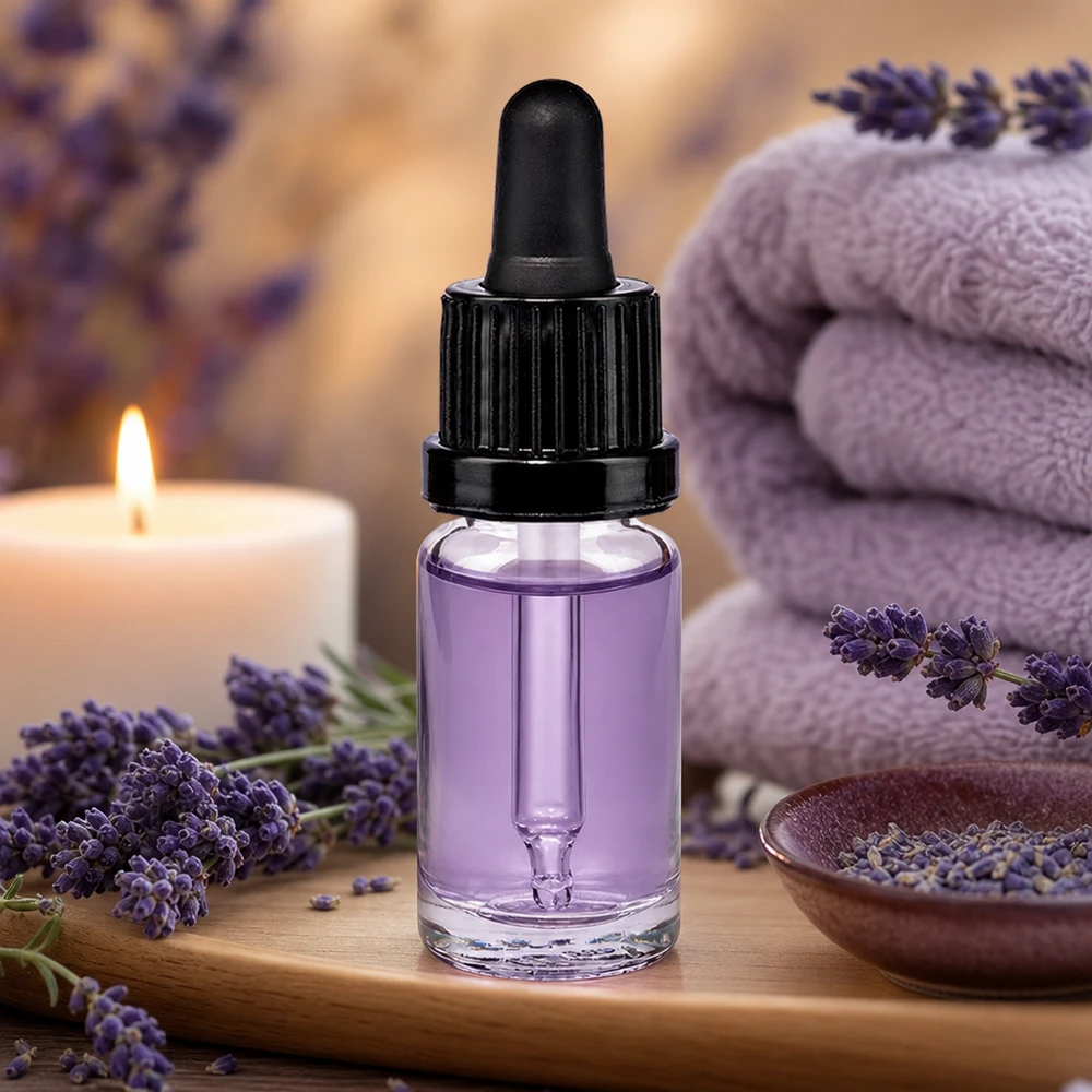 Frasco pipeta 10ml negro cierre inviolable ClearLine UT18/10 Frasco con pipeta de 10 ml con aceite de lavanda morada, gotero negro OV y vela en un entorno de spa