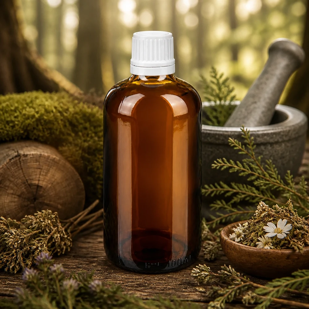 Botella de farmacia marrón 100ml con tapón cuentagotas 1,2mm blanco a prueba de manipulaciones Frasco cuentagotas marrón de 100 ml de ApoGlas con tapón OV blanco, entre hierbas del bosque y un mortero