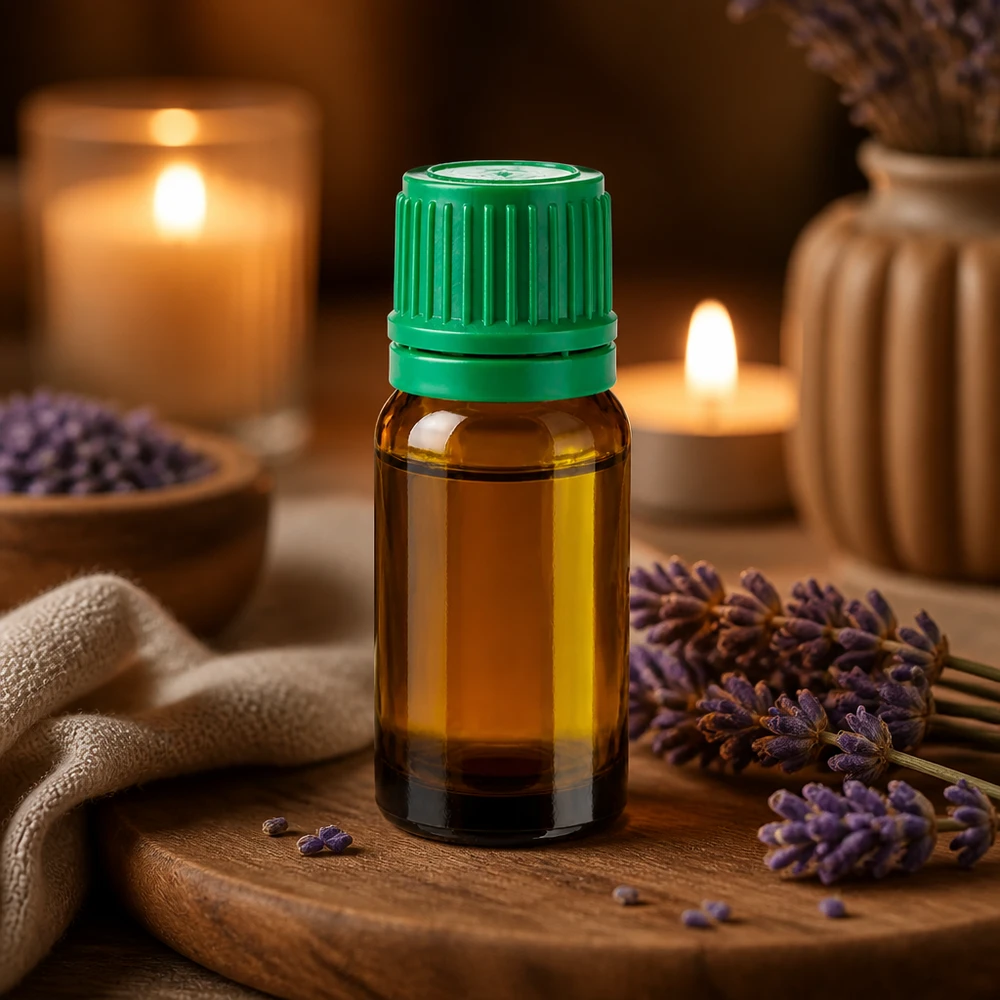 Frasco de vidrio ámbar de 10 ml con tapón verde de 11 mm ideal para aceites esenciales y perfumes