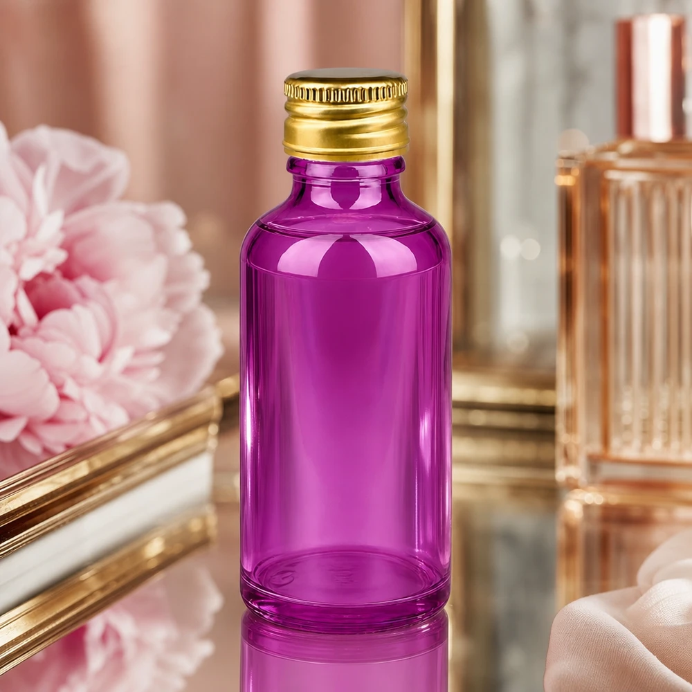 Frasco de 50 ml con tapón de rosca de 11 mm de aluminio estándar dorado PurpleLine. UT18/50 Elegante botella de 50 ml con rosca UT18/50 y tapón de aluminio dorado para una lujosa presentación del producto