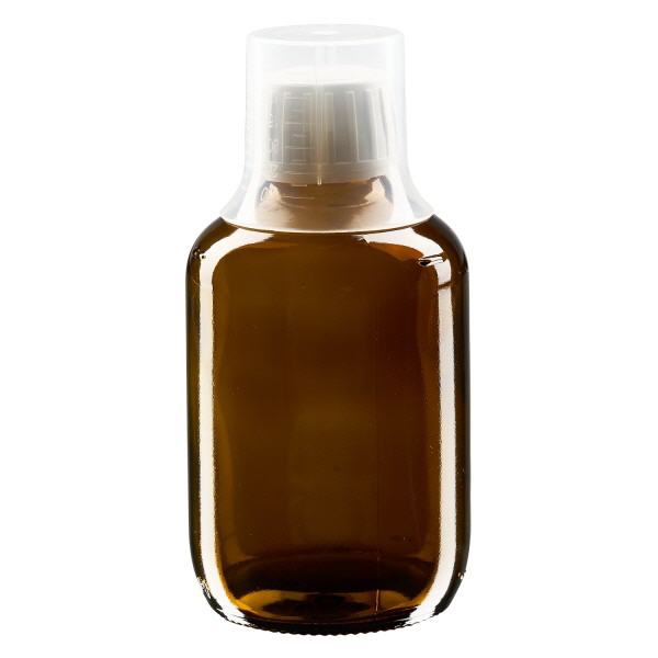 Frasco medicamento 200ml marrón, cierre inviolable con vaso dosificador 30ml ApoGlas Frasco medicamento 200ml marrón, cierre inviolable con vaso dosificador 30ml ApoGlas