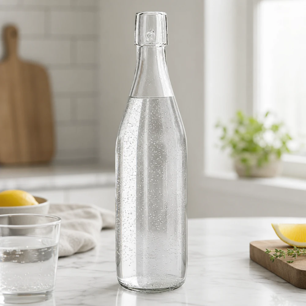 Botella de cristal UNiTWIST de 500 ml llena de agua con gas sobre una encimera de mármol en una moderna cocina blanca con limón