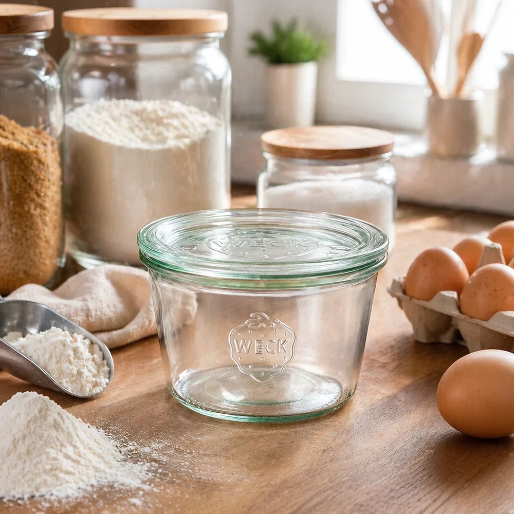 Vaso WECK 370ml RR100 en ambiente de cocina con harina, huevos e ingredientes para cocinar y hornear