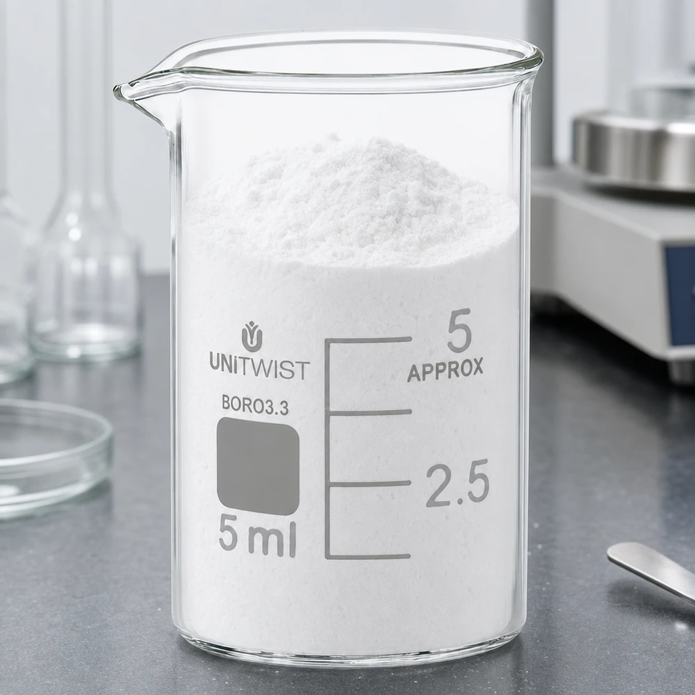 Polvo blanco en un vaso de precipitados UNiTWIST de 5 ml de borosilicato, de perfil bajo, sobre una superficie de laboratorio gris