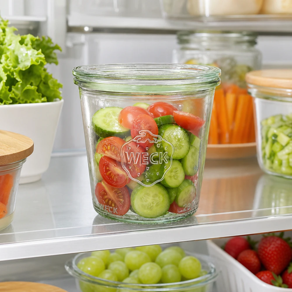 Vasos WECK de 290 ml RR80 en la nevera llenos de ensalada fresca de pepino y tomate como solución práctica para preparar la comida