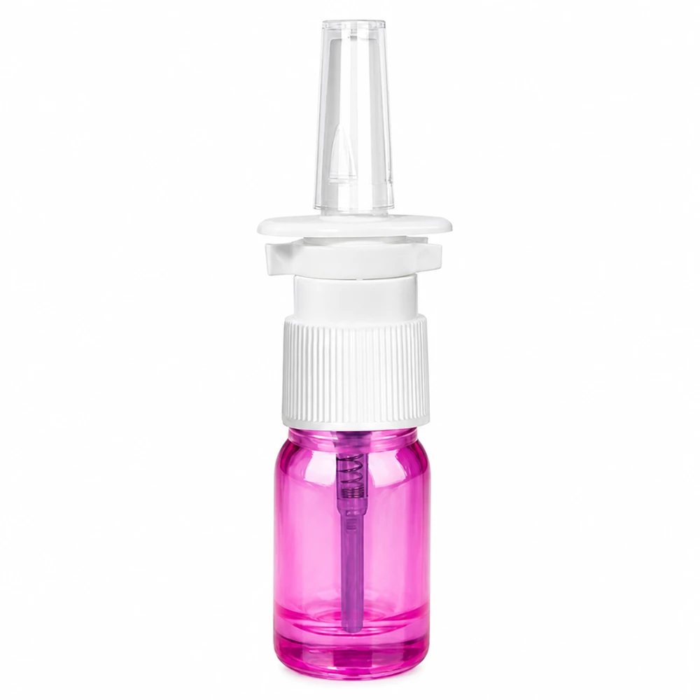 Frasco pulverizador nasal de 5 ml blanco/transparente estándar PurpleLine UT18/5 Pulverizador nasal de 5 ml de plástico transparente con cuerpo morado y cabezal blanco