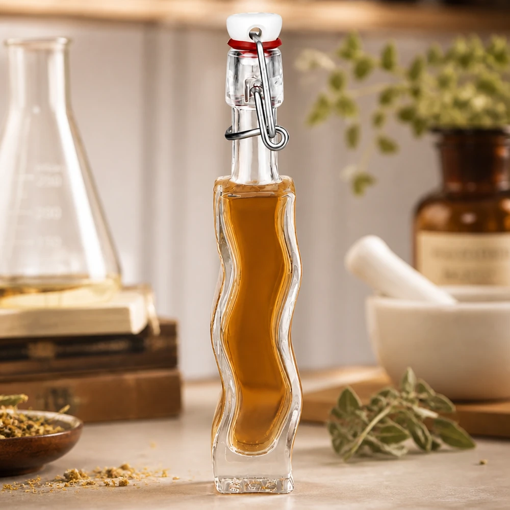 Botella de cristal de 40 ml Anna llena de líquido color miel en una cocina rústica con hierbas y cristalería
