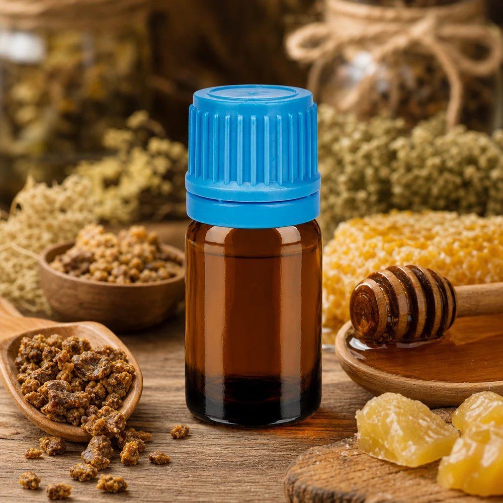 Frasco compacto de vidrio ámbar de 5 ml con tapón azul perfecto para homeopatía y naturopatía