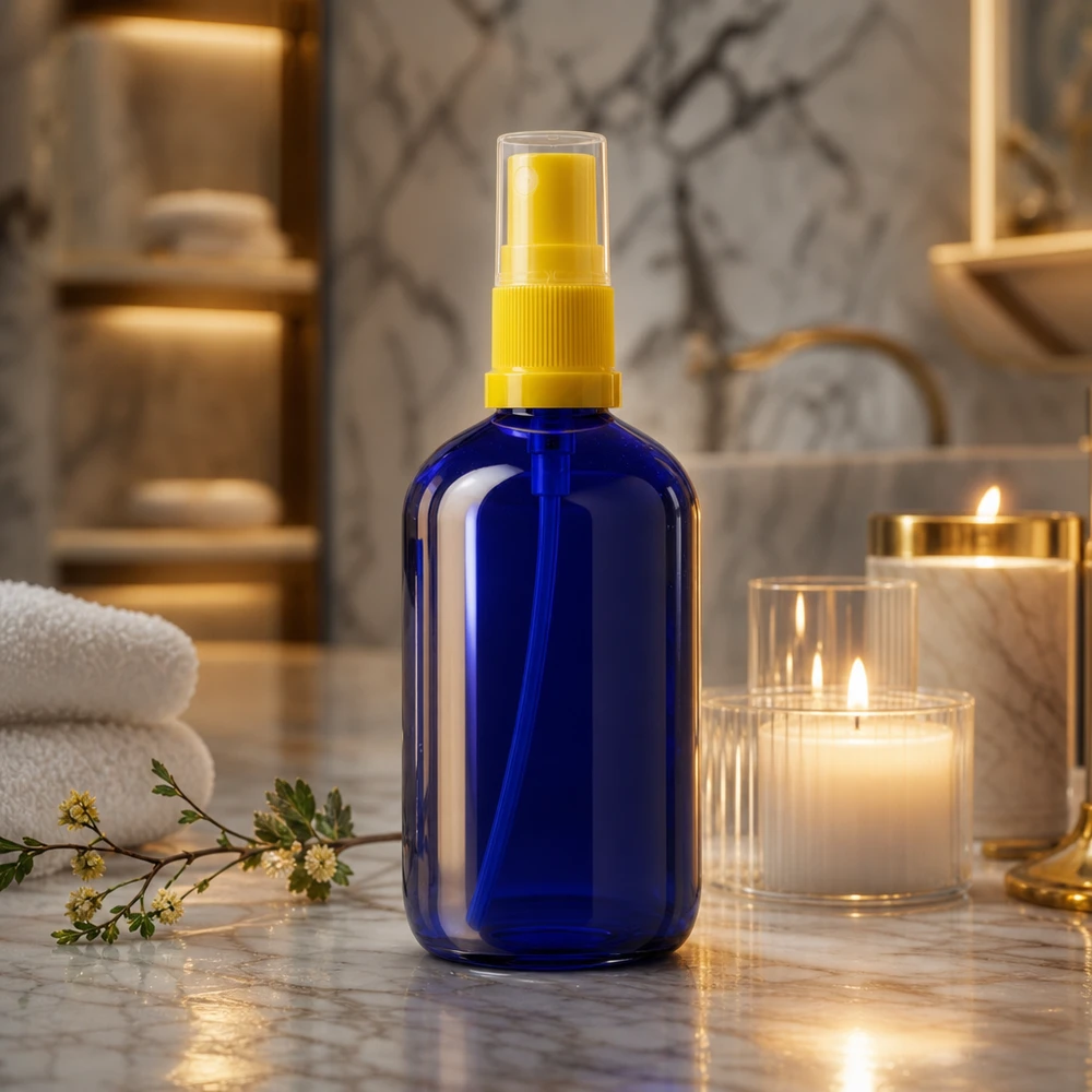 Botella de cristal azul de 100 ml STD con pulverizador amarillo junto a unas velas en un elegante cuarto de baño