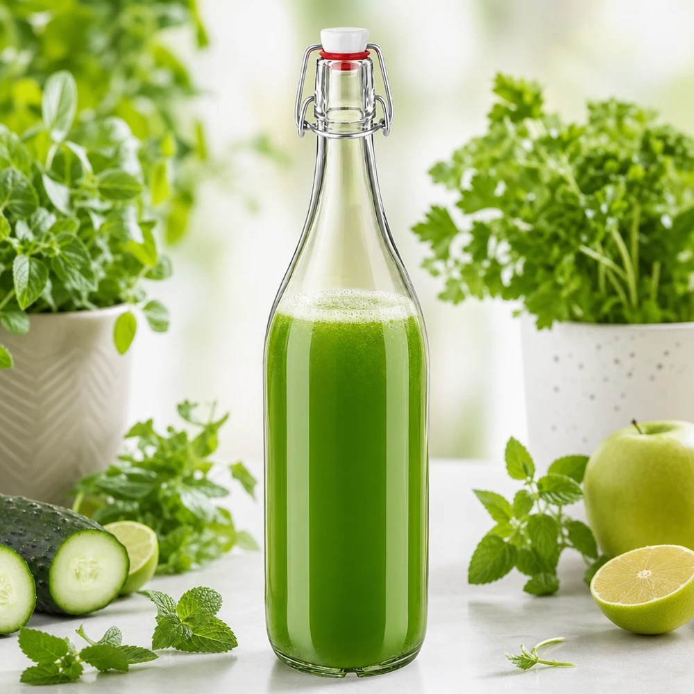 Botella de cristal de 1000 ml con tapa abatible de PVC llena de batido verde rodeado de hierbas y verduras frescas