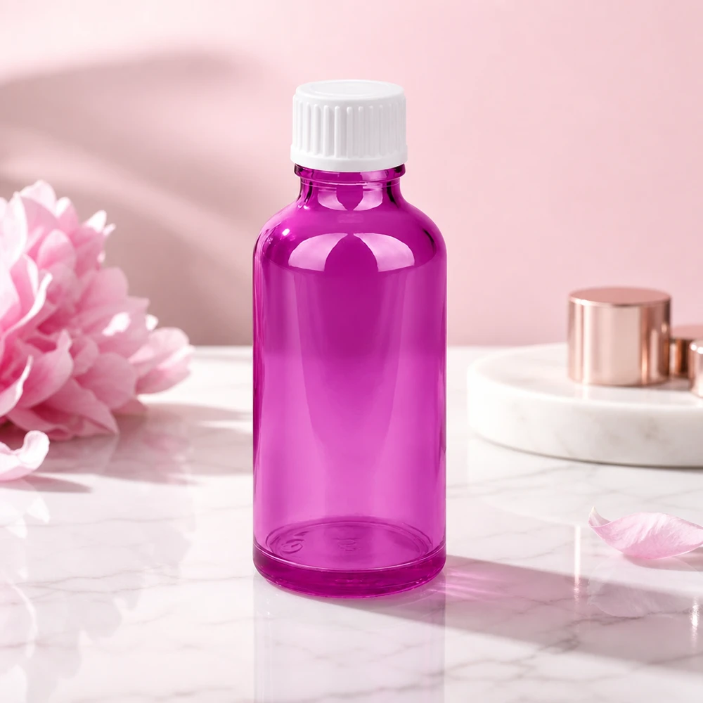 Frasco de vidrio de alta calidad de 50 ml con rosca de 18 mm en color morado transparente para aplicaciones cosméticas