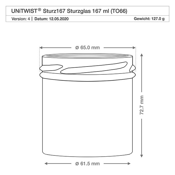 Vasos de 167ml sin tapa (TO66) UNiTWIST UNiTWIST Sturz167 Sturzglas 167ml TO66 dibujo técnico con dimensiones diámetro 65mm altura 72,7mm peso 127g