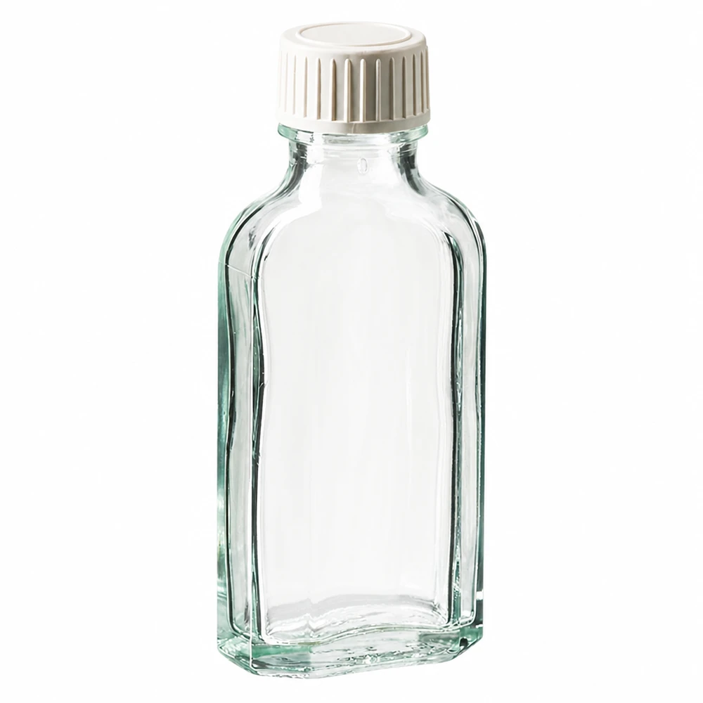 Tapón de rosca transparente Meplat de 50 ml con inserto de espuma de PE Frasco de cristal transparente Meplat de 50 ml con tapón de rosca blanco y almohadilla de espuma de PE