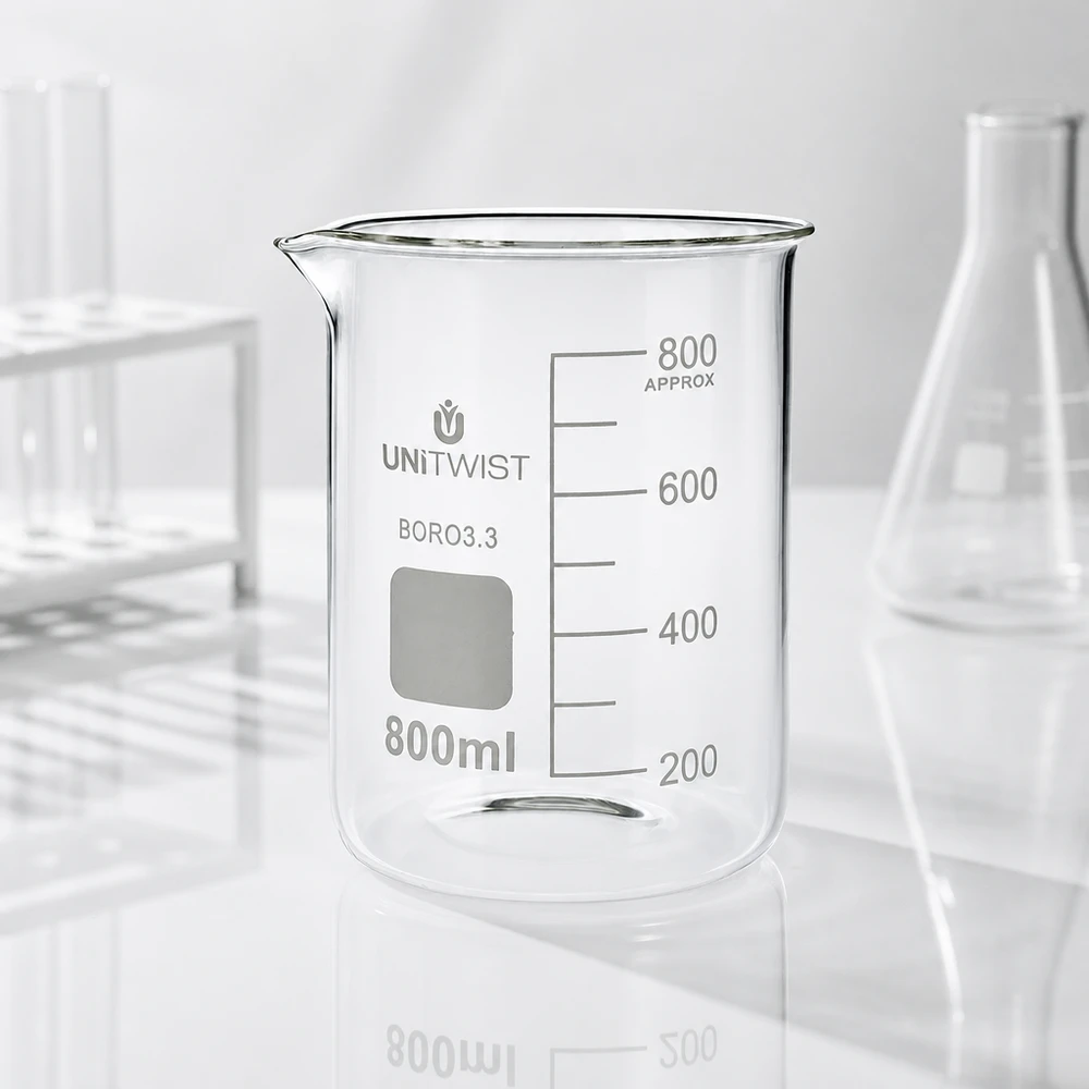 Vaso 800 ml borosilicato, molde bajo UNiTWIST Vaso de precipitados UNiTWIST vacío de 800 ml, de borosilicato 3.3, de perfil bajo, con escala de ml sobre fondo blanco