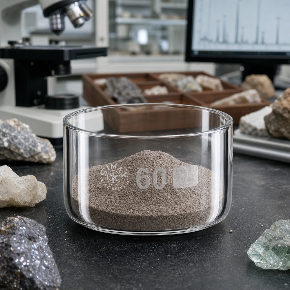 60ml cristalizador plato sin pico borosilicato ø60mm Cubeta de cristalización de 60 ml con polvo mineral fino sobre una superficie oscura de laboratorio, rodeada de muestras de roca