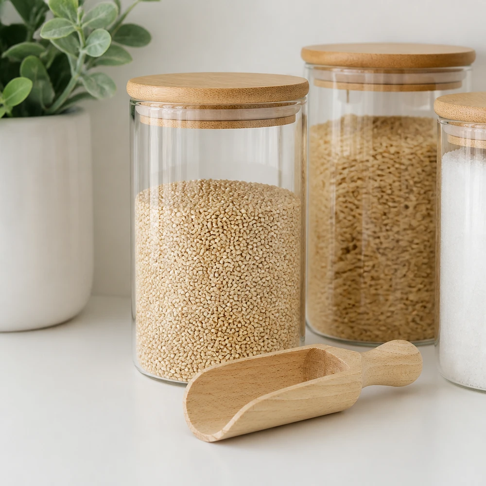 Pala de madera tamaño M forma semicircular - 140mm de largo Holzschaufel M 14cm mit Vorratsgläsern und Quinoa in moderner Küche - praktisches Küchenhelfer-Styling
