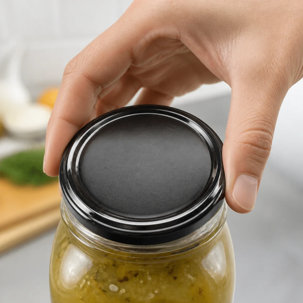 La tapa BasicSeal Twist-Off de 58 mm, negra (TO58), se coloca en un tarro de conserva con contenido verde.