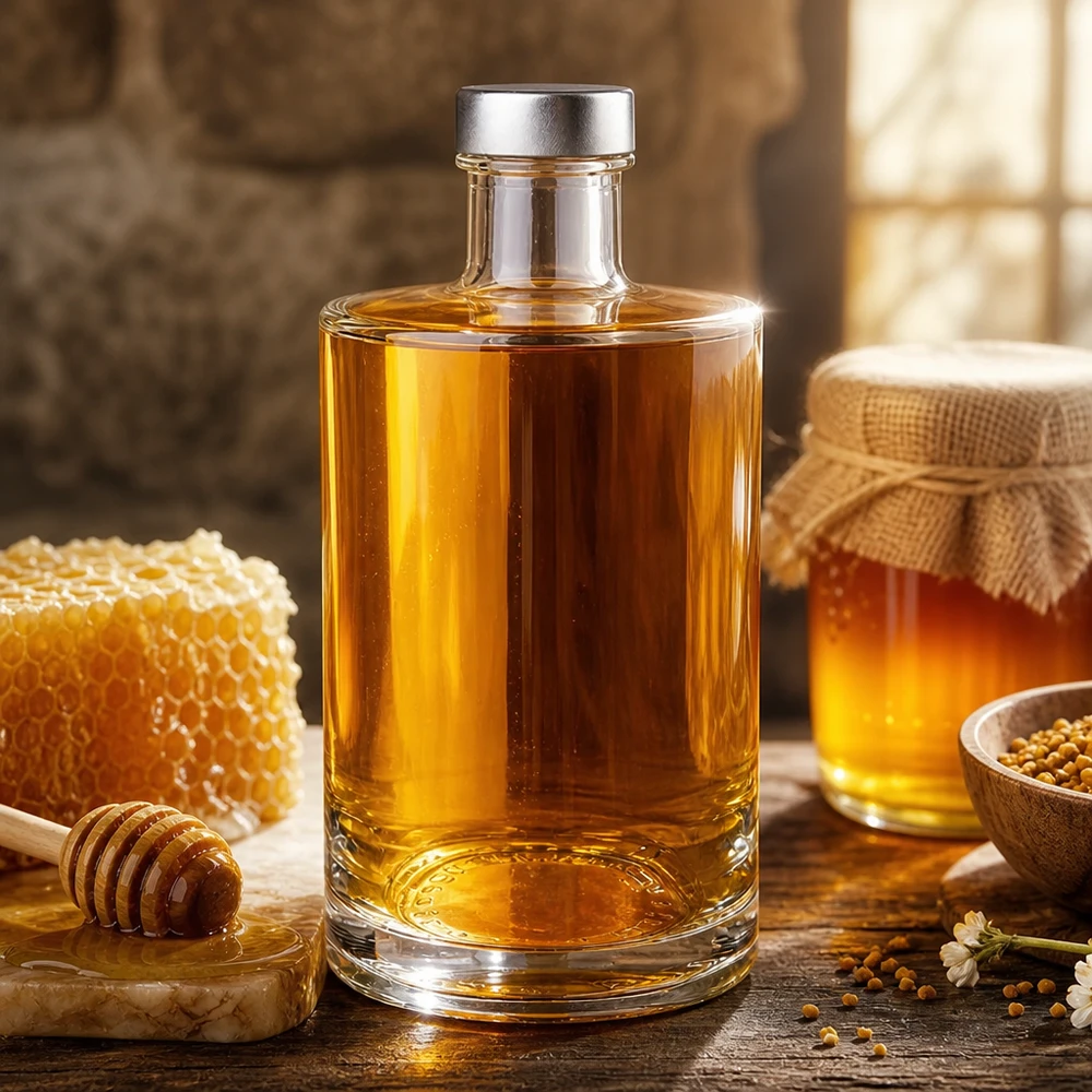 Botella de vidrio de 375 ml «Sam» y tapón de rosca plateado UNiTWIST® Botella de cristal de 375 ml Sam llena de miel dorada junto a panal y tarro de miel - botella de licor con tapón de rosca