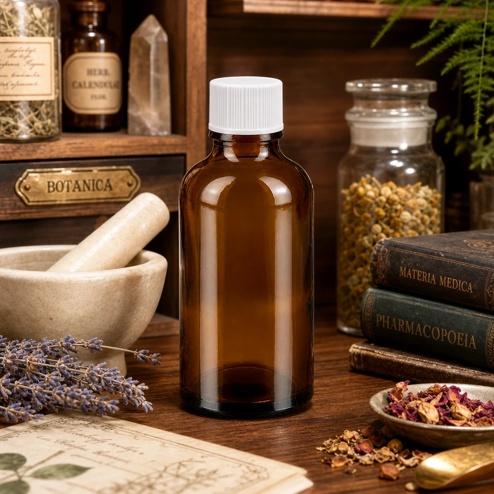 Pequeño frasco de vidrio ámbar de 50 ml con rosca UT18 ideal para cosméticos DIY y remedios naturales