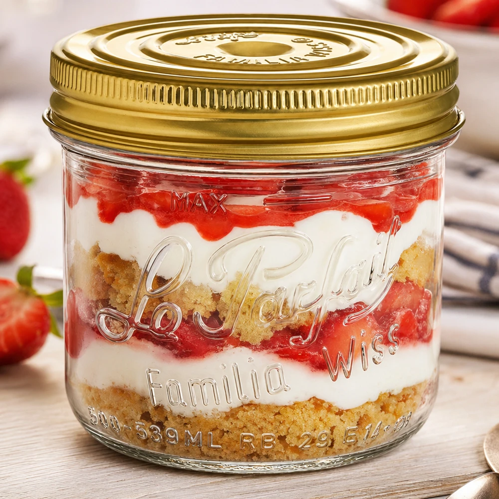 Familia Wiss Vasos de 539 ml con tapa de rosca dorada y capas de postre de fresas y base de galleta