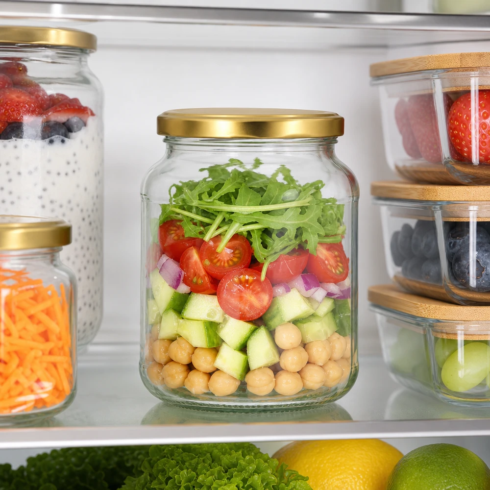 Tarro ovalado de 370 ml con tapa BasicSeal dorado en la nevera con ensalada en capas - Tarro de almacenamiento UNiTWIST para la preparación de comidas