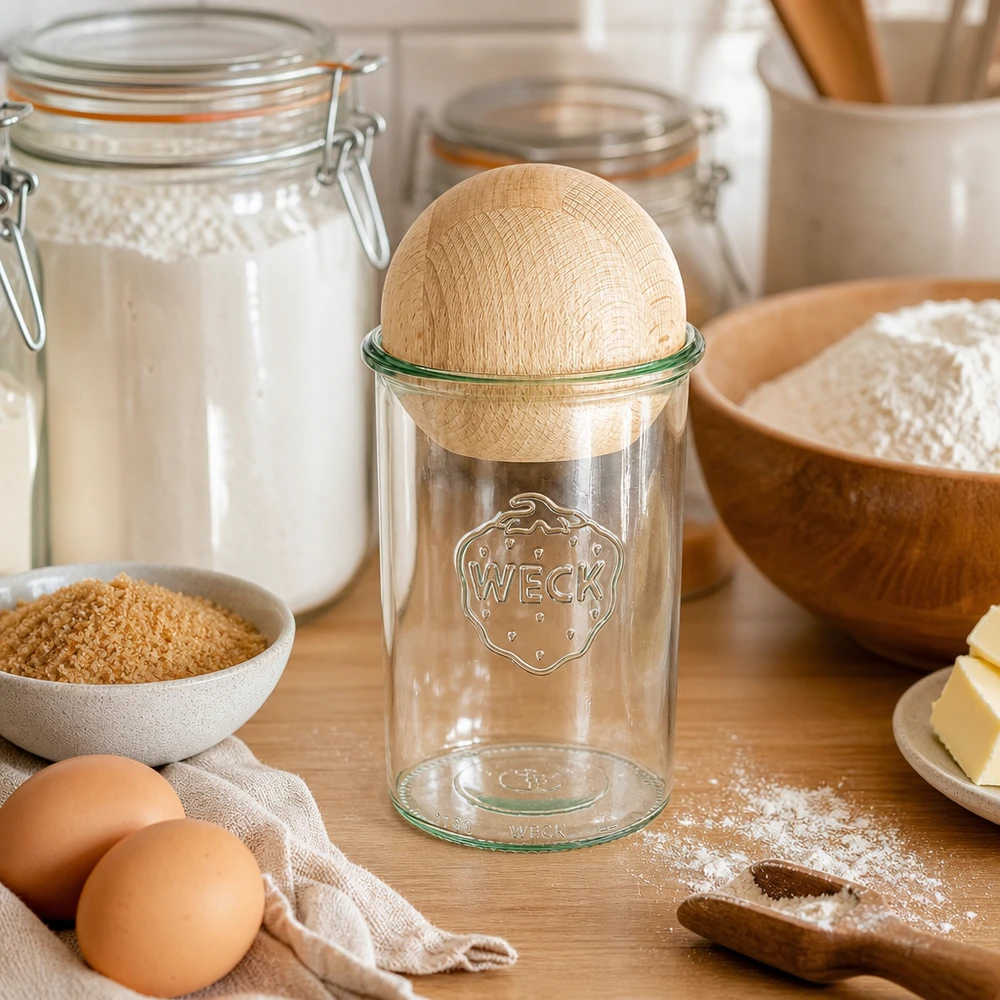 WECK 1000ml RR100 mason jar con tapa de haya en el escenario de ingredientes para hornear con tarros de harina, huevos y conservas