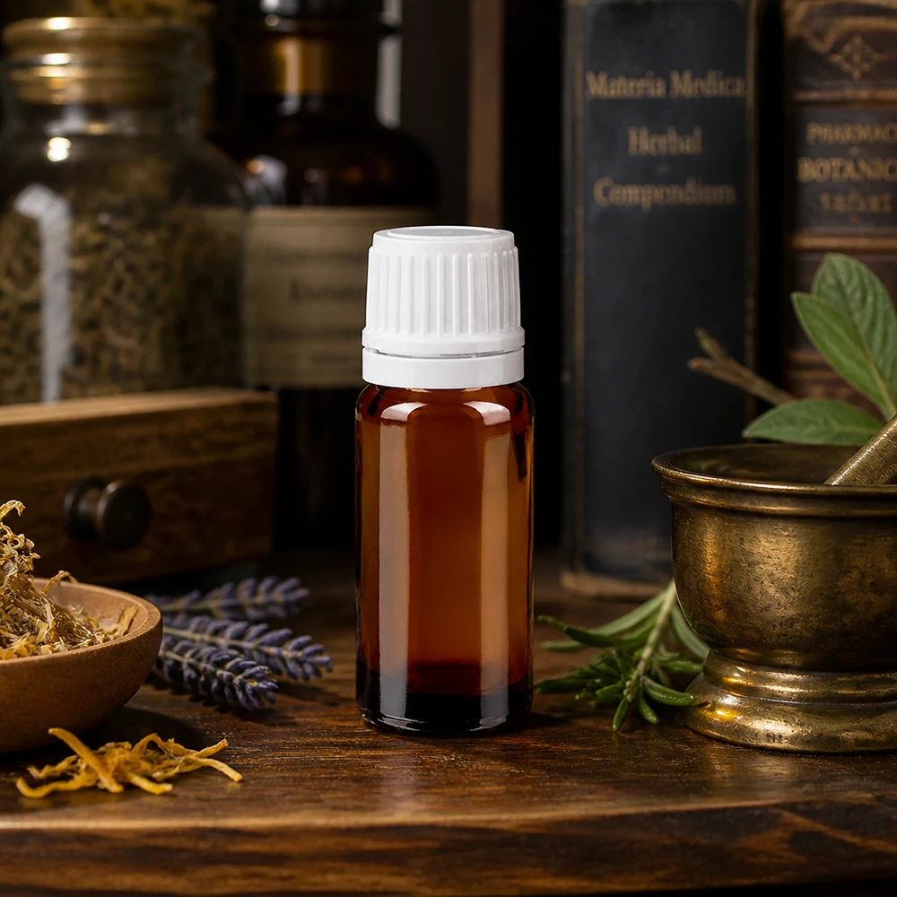 Frasco miniatura de vidrio ámbar de 10 ml con tapón blanco original, con hierbas botánicas y un mortero
