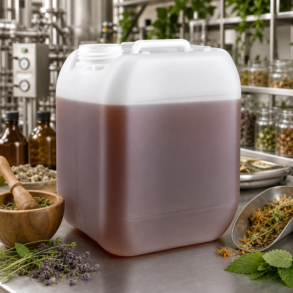 Bidón de 5 litros sin tapón que contiene un líquido marrón a base de hierbas, utilizado en la fabricación de cosméticos naturales