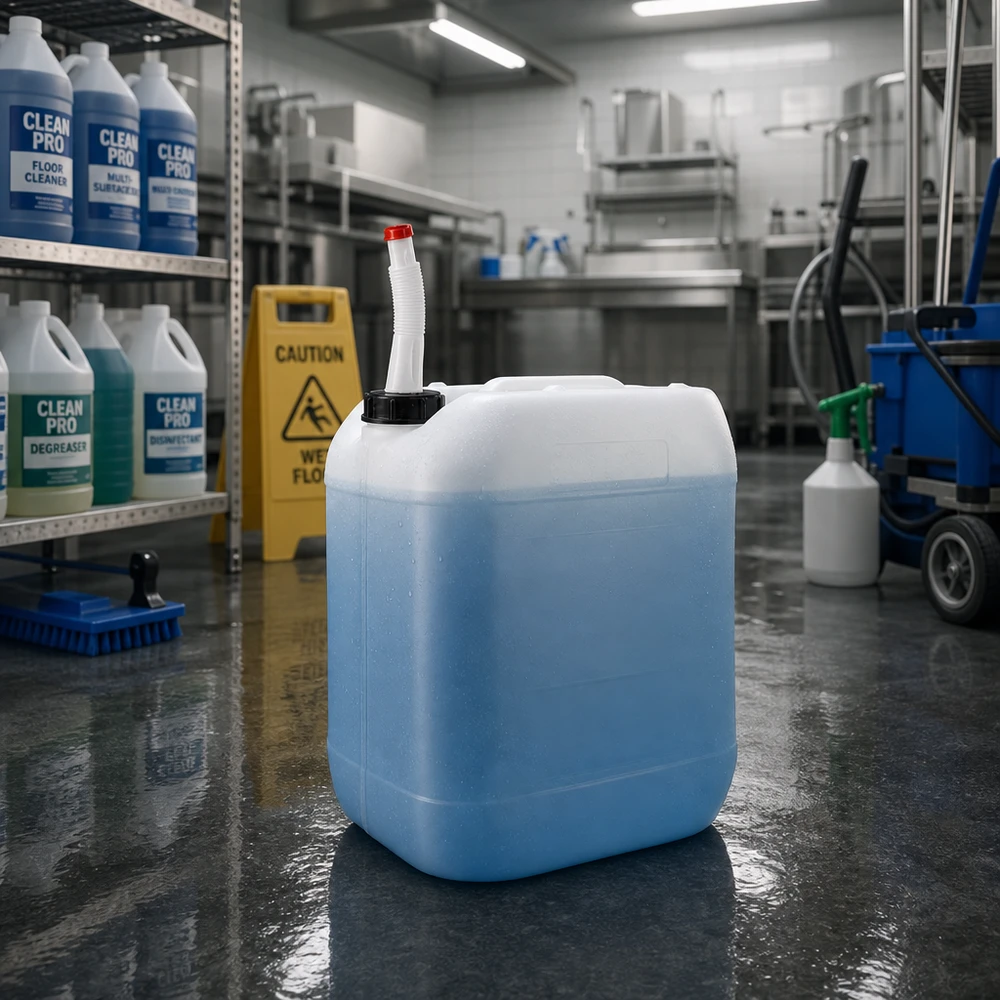 Bidón azul de 20 litros con tubo de salida flexible en una cocina industrial de limpieza