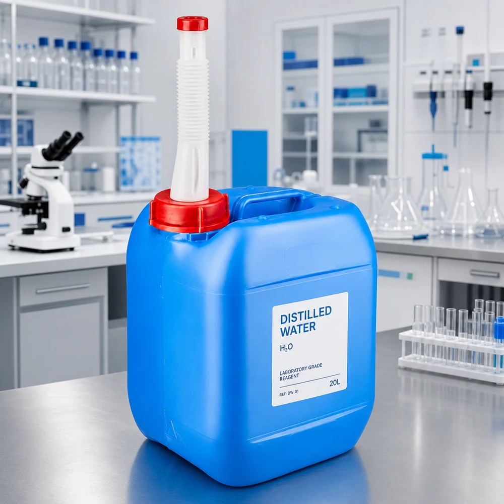 Agua destilada, bidón de laboratorio de 5 l, azul, con tubo de salida flexible blanco y tapa roja