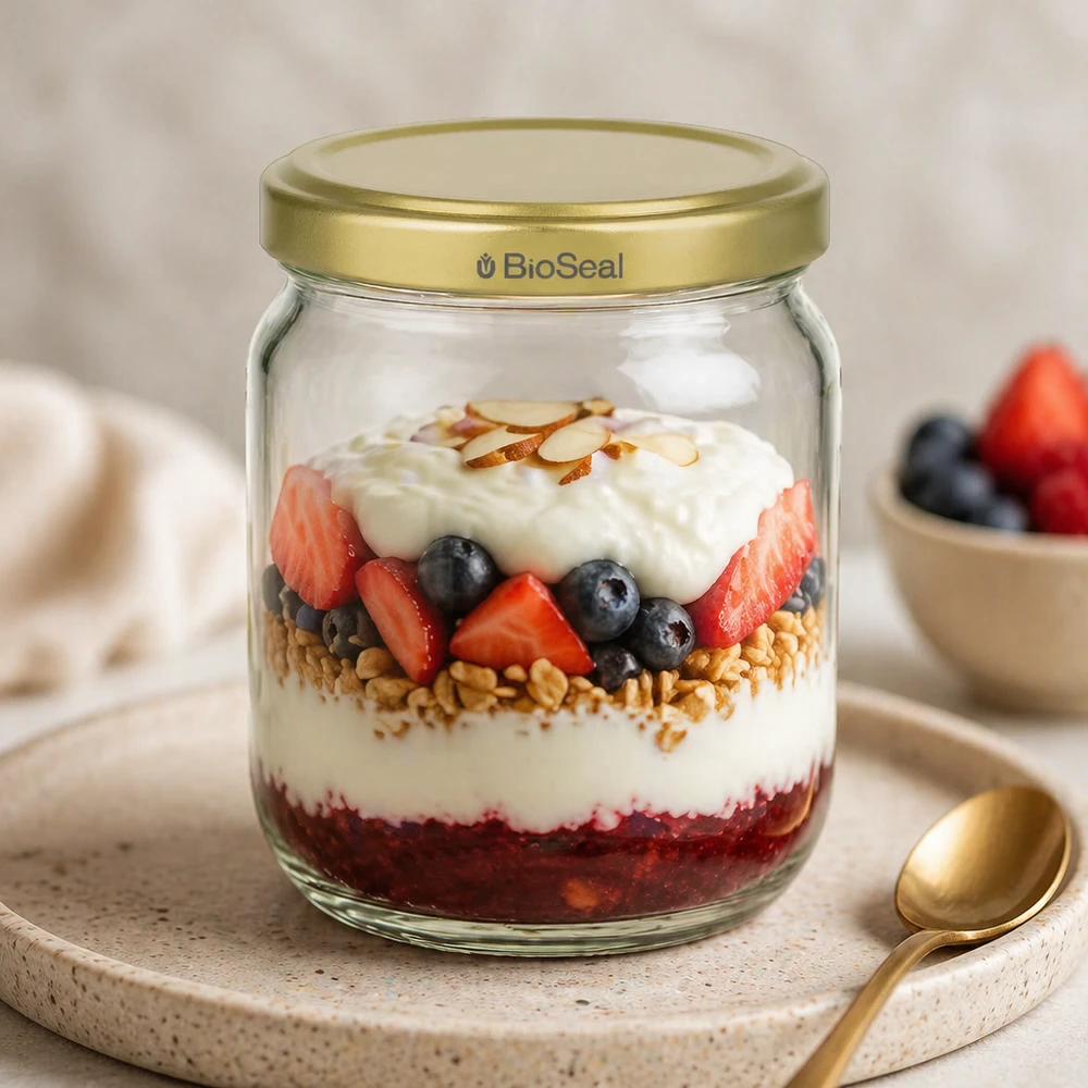 Tarro de miel BioSeal de 500 g como recipiente de desayuno con postre de capas de muesli de bayas y yogur y cuchara dorada