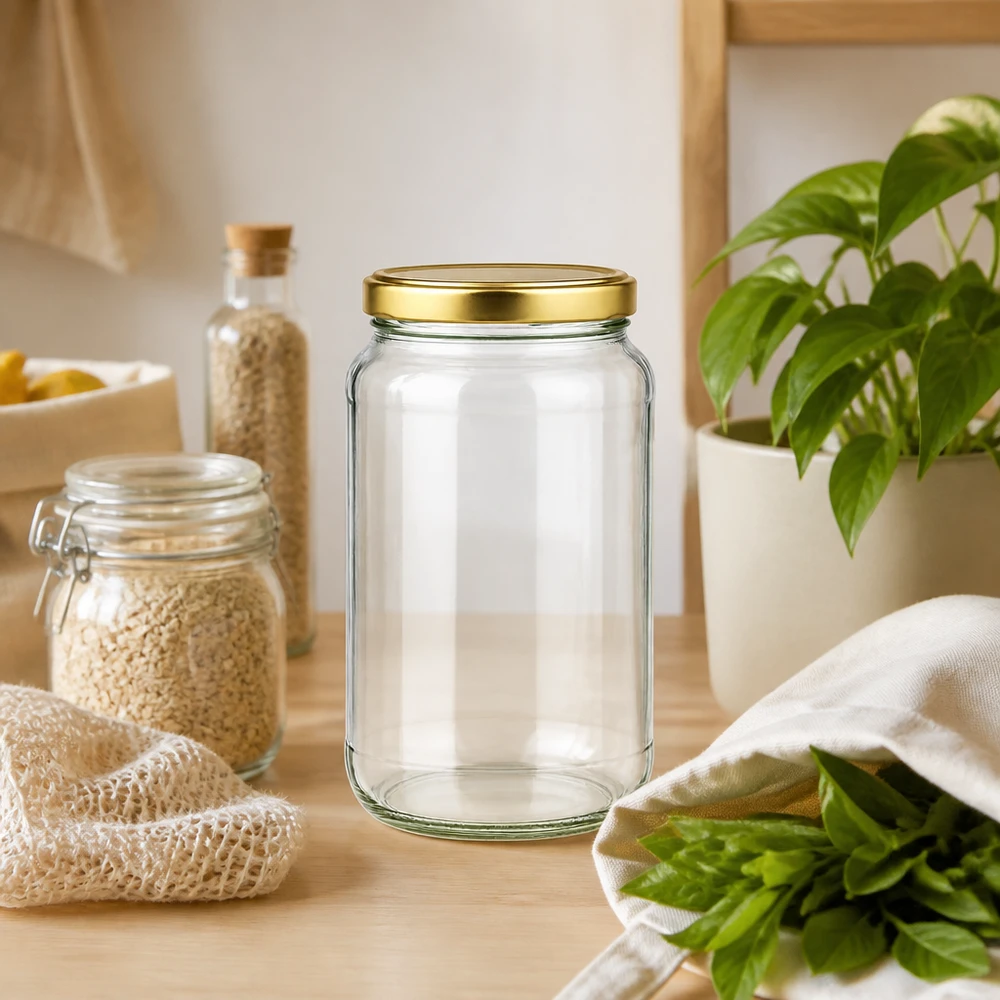 Tarro redondo 1700ml con tapa BasicSeal oro UNiTWIST 1700ml Rundglas BasicSeal gold in nachhaltiger Zero-Waste Küche mit Vorratsgläsern und frischen Kräutern
