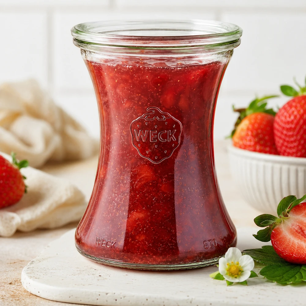 WECK delicatessen tarro 370ml RR80 con mermelada de fresa casera sobre una tabla de mármol rodeada de fresas frescas