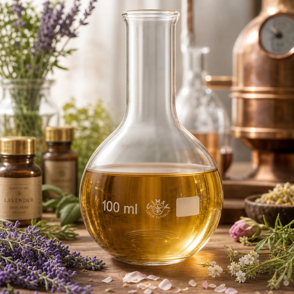 Frasco de cuello estrecho de 100 ml de vidrio transparente con líquido dorado en ambiente de laboratorio botánico