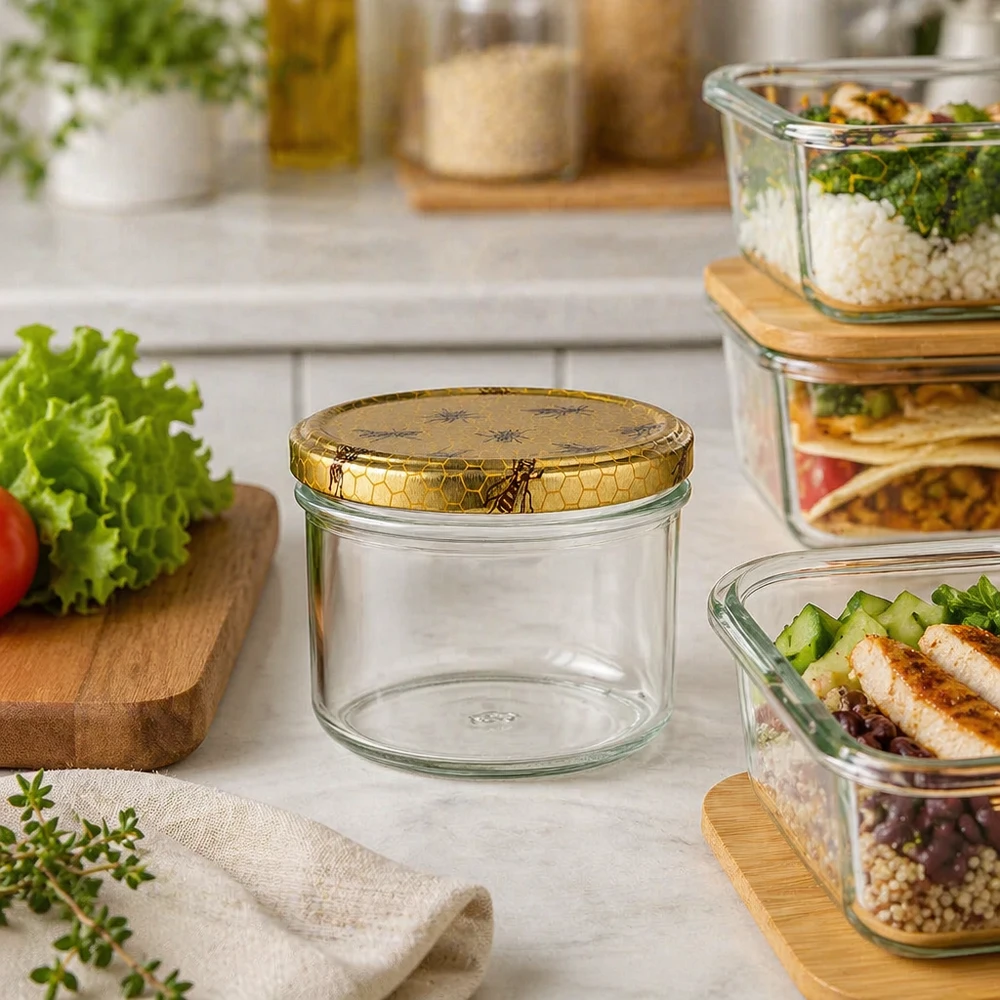 Tarro de miel de 250 g con tapa de panal en una cocina moderna junto a cajas de preparación de comidas e ingredientes frescos