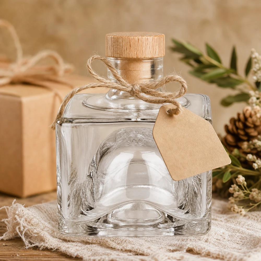 200ml Glasflasche Bob als Geschenk verpackt, Holzkorken mit Jute-Schleife und Anhänger, festliche Dekoration