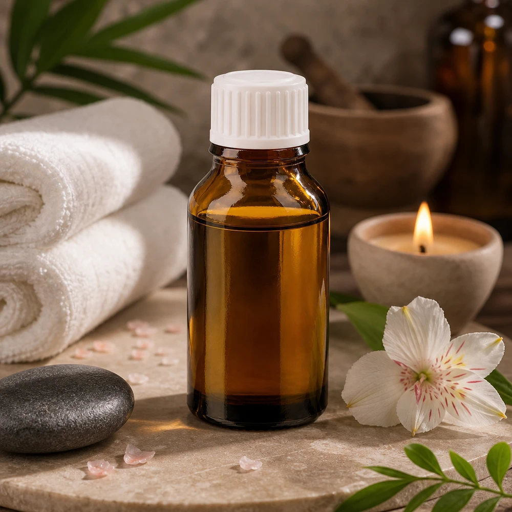 Botella de farmacia marrón 30ml tapón rosca blanco estándar Aceite esencial en un frasco de farmacia marrón de 30 ml con tapón blanco sobre una base de piedra de spa