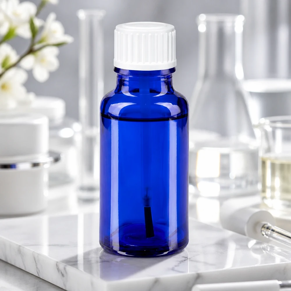 Frasco de farmacia de 20 ml de cristal azul con tapón de rosca blanco en un entorno de laboratorio